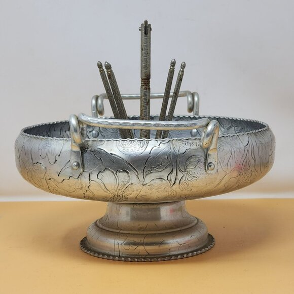 Unique Embossed Aluminum Nut Bowl And Tools Embossed Botanical - 1960's - Picture 2 of 10